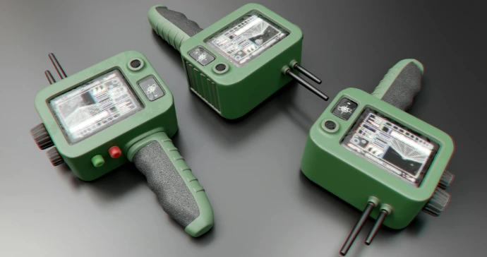 Three green medical devices on a gray surface